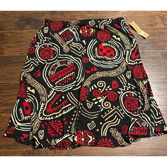 Susan Lawrence Dresses & Skirts - Susan Lawrence Skirt 3X Black Red Tribal Print A Line Stretch Pull On Midi USA